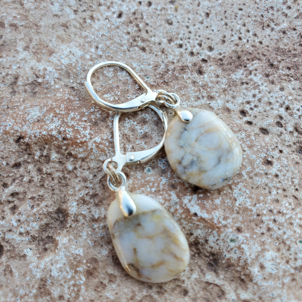 VINTAGE Sterling Silver Raw Stone Earrings Copper Dainty Artisan Marble Boho - Picture 6 of 12